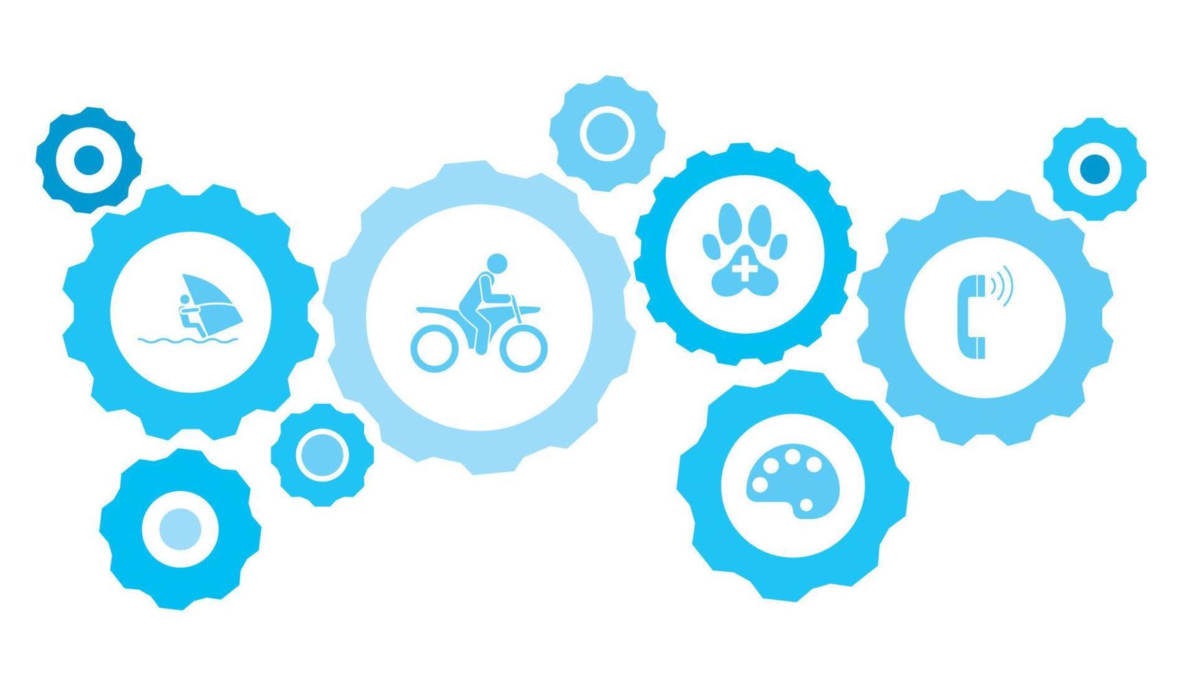 Communication gear blue icon set. Abstract background with connected gears and icons for logistic, service, shipping, distribution, transport, market, communicate concepts vector