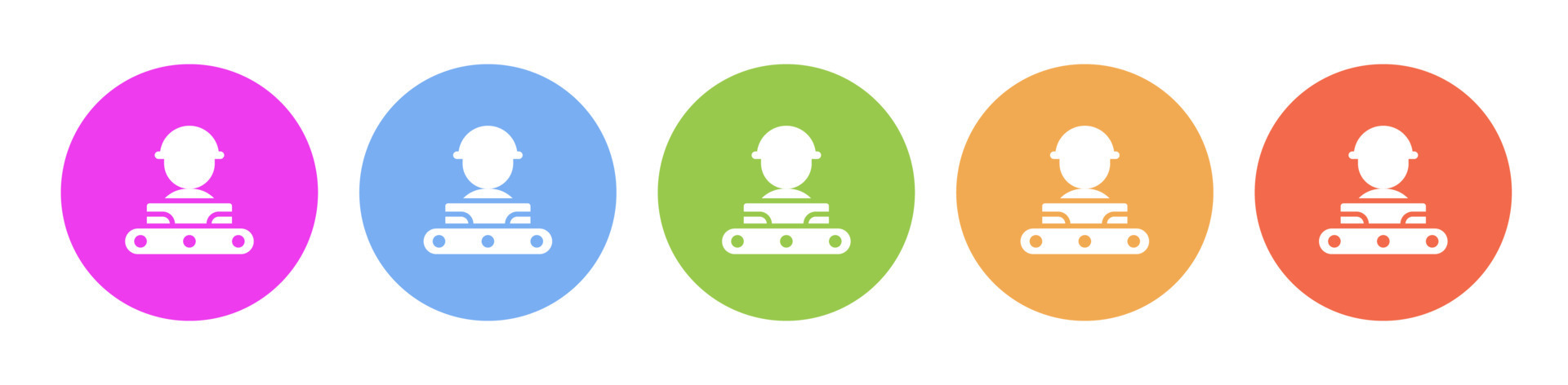 Multi colored icon Mass production conveyor man. Button banner round ...