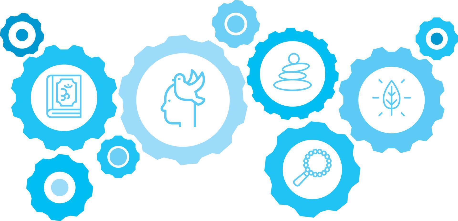 Nature symbol vector icon blue gear set. Abstract background with connected gears and icons for logistic, service, shipping, distribution, transport, market, communicate concepts on white background