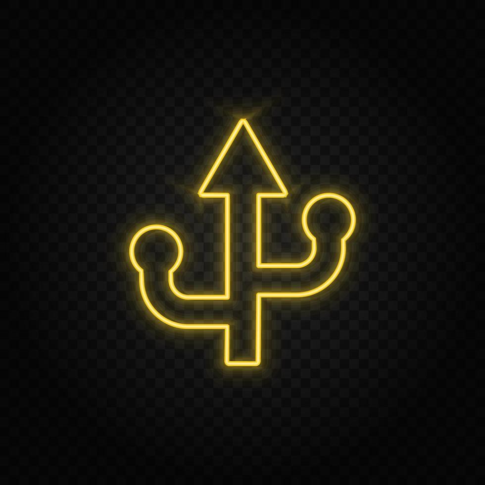 Yellow neon icon usb. Transparent background. Yellow neon vector icon on dark background
