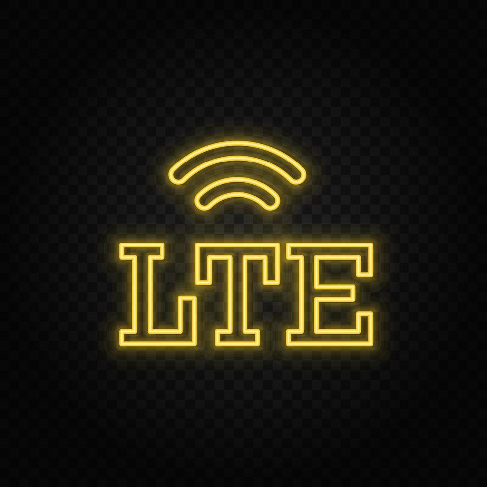 Yellow neon icon lte, signal. Transparent background. Yellow neon vector icon on dark background