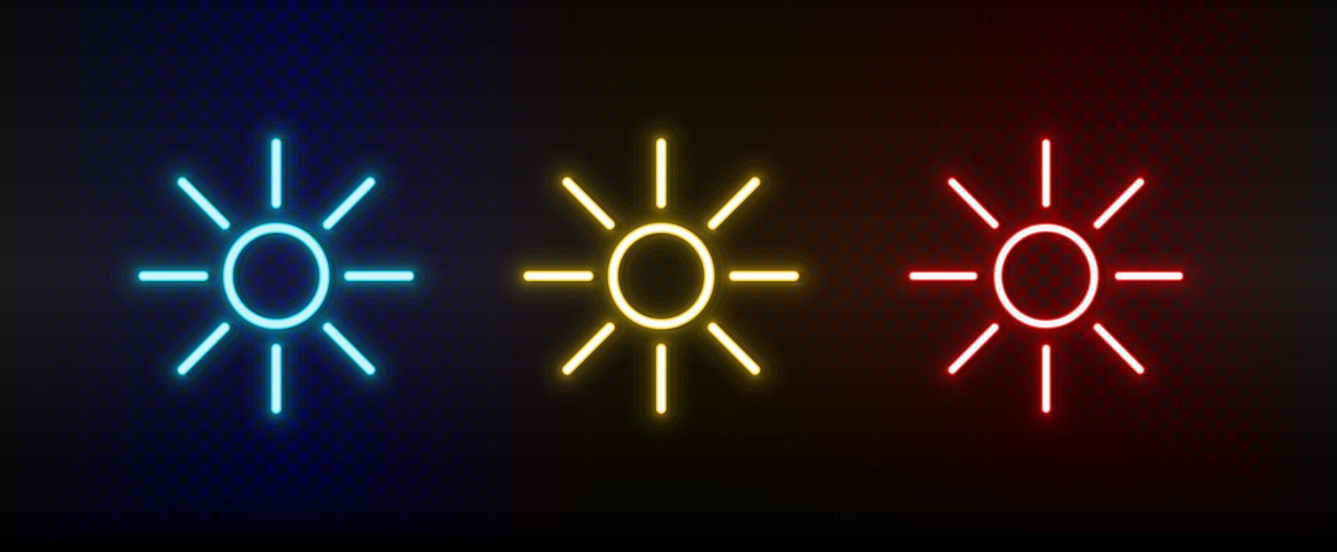 brightness, sun neon icon set. Set of red, blue, yellow neon vector icon on dark transparent background