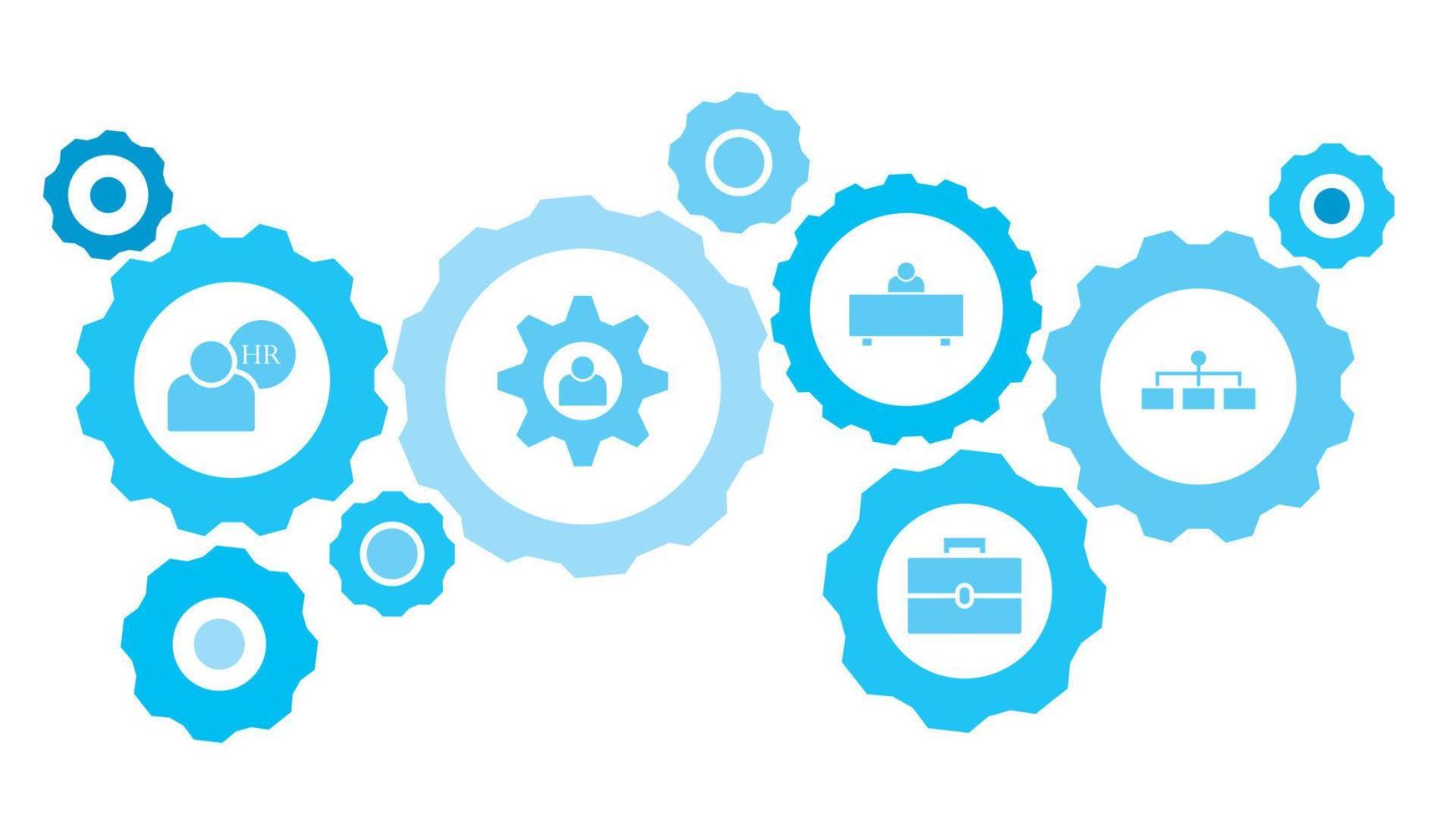 Connected gears and vector icons for logistic, service, shipping, distribution, transport, market, communicate concepts. structure gear blue icon set on white background