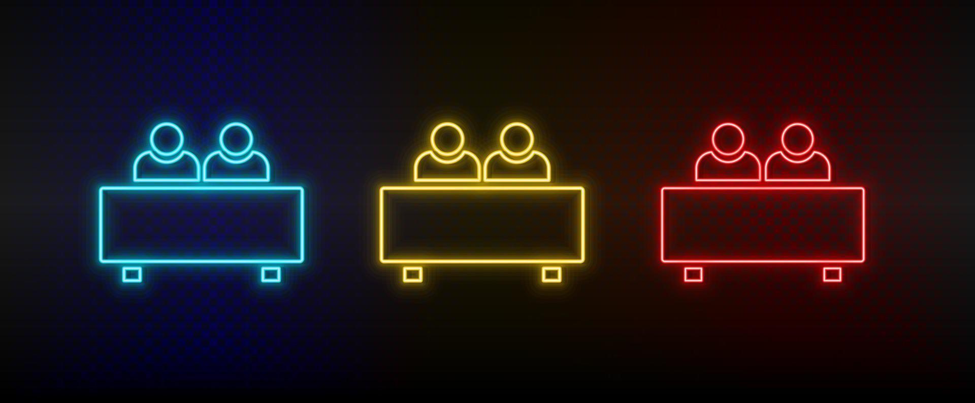 Neon icon set interview, users. Set of red, blue, yellow neon vector icon on dark transparent background