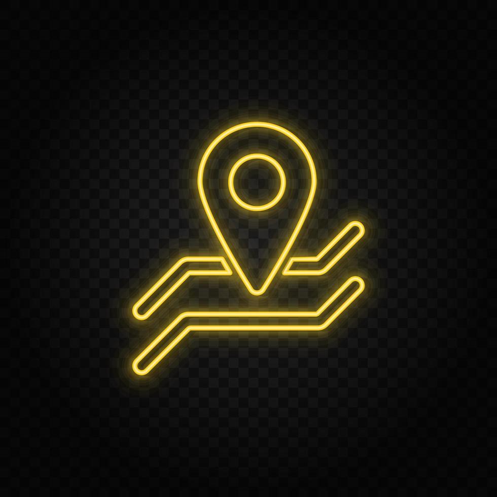 location, navigation yellow neon icon .Transparent background. Yellow neon vector icon on dark background