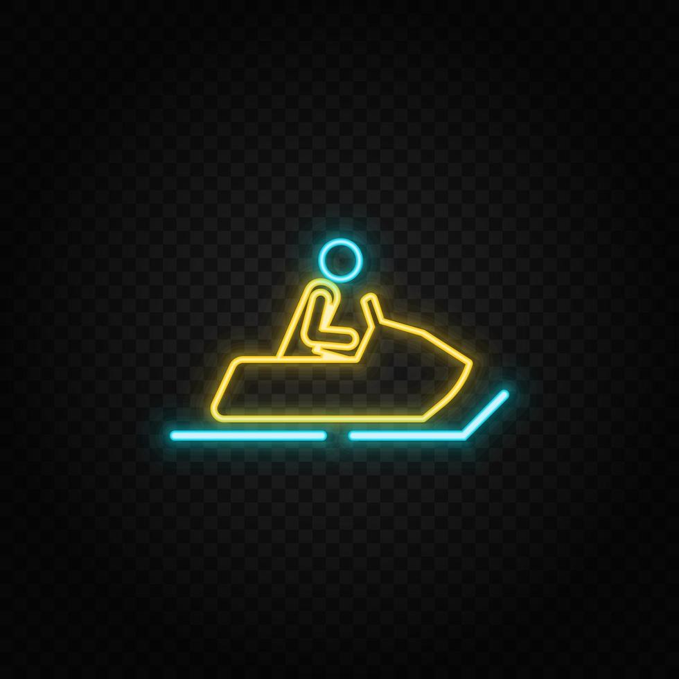 Snow motorbike. Blue and yellow neon vector icon. Transparent background.