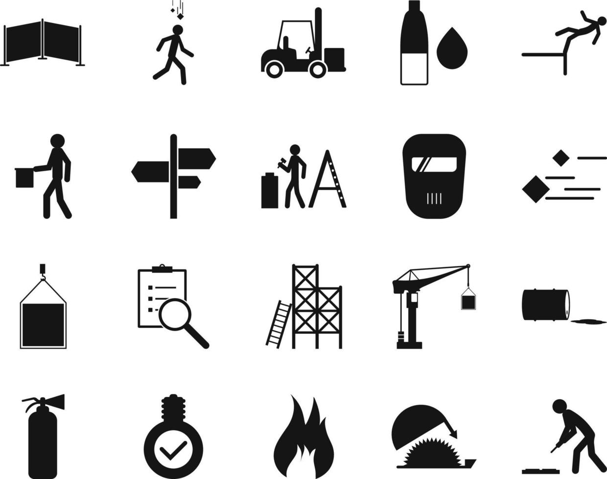 HSE concept, occupational safety and health worker, ream, work, production factory and environment, labor preventive instructions, worker protection vector icon set on white background