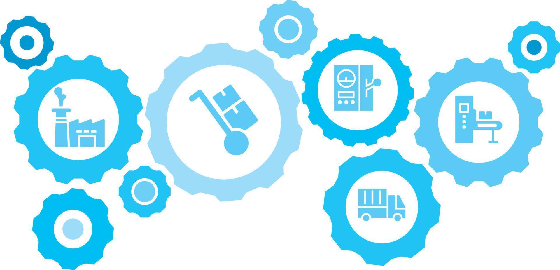 Connected gears and vector icons for logistic, service, shipping, distribution, transport, market, communicate concepts. Mass, production, conveyor gear blue icon set on white background