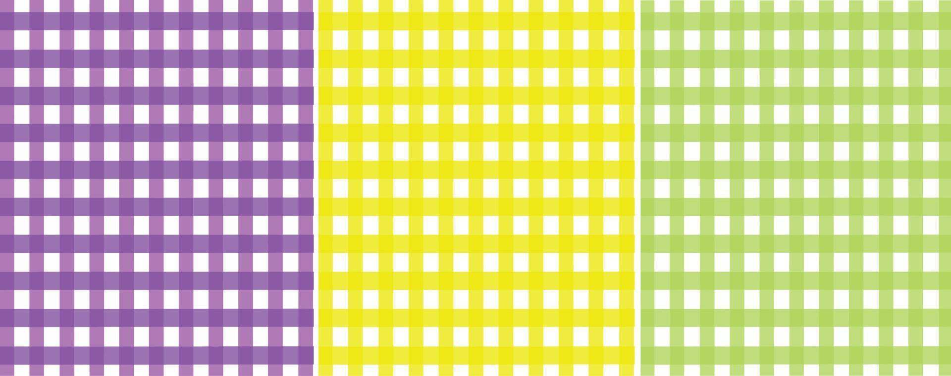 Colorful plaid background set, seamless vector pattern set, straight line, purple, yellow, green