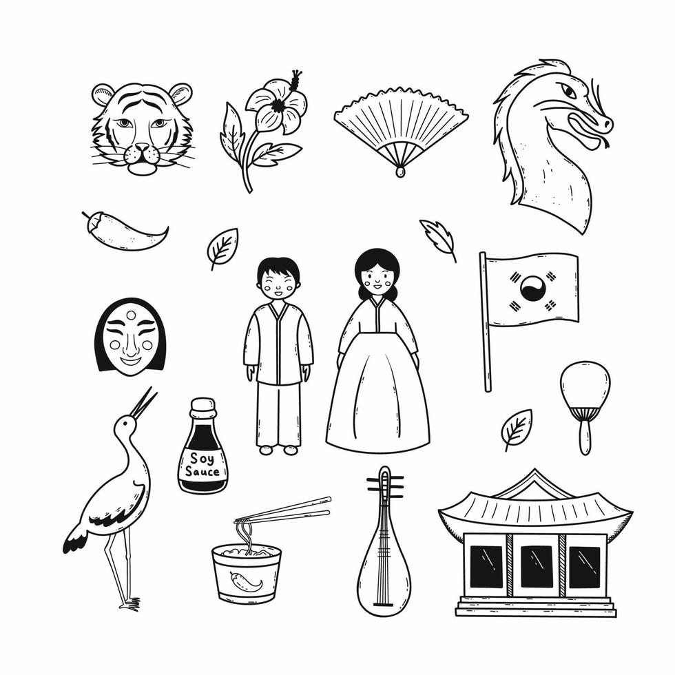 cultura y tradiciones de Corea. conjunto vector ilustraciones. asiático países. garabatear icono. mano dibujado bosquejo.
