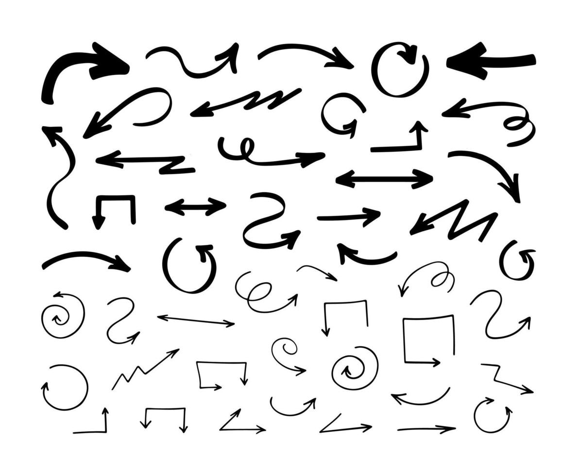 Big set of vector arrows. Hand drawn design elements, different shapes isolated on white background.
