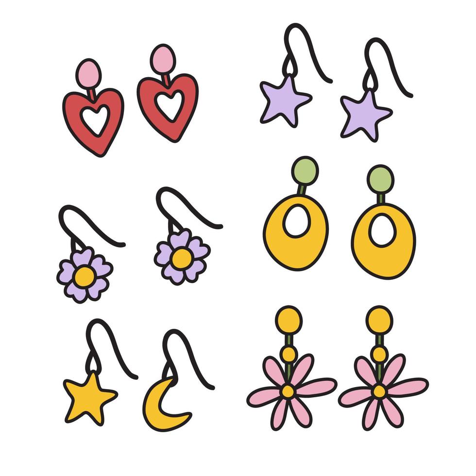 Set of accessories in retro hippie style. Classic Woodstock Sixties Subculture earrings. vector