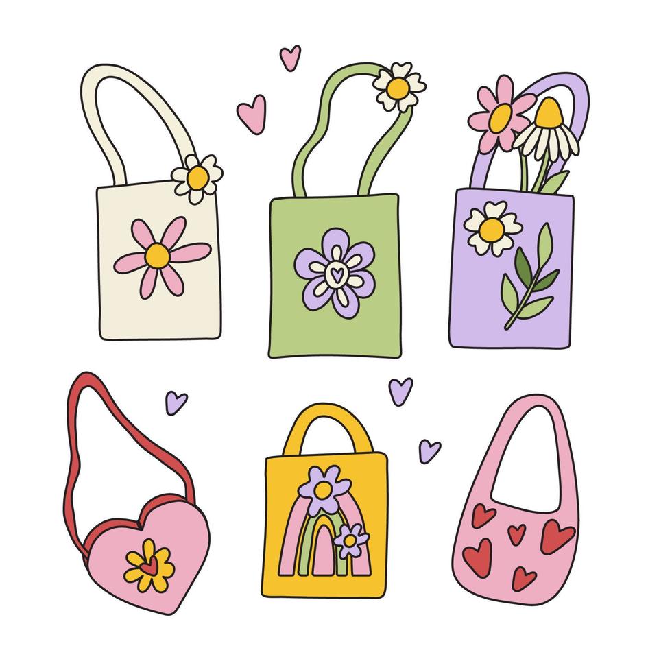 linda retro compradores con varios huellas dactilares y flores margaritas, flores, arco iris y corazones. vector