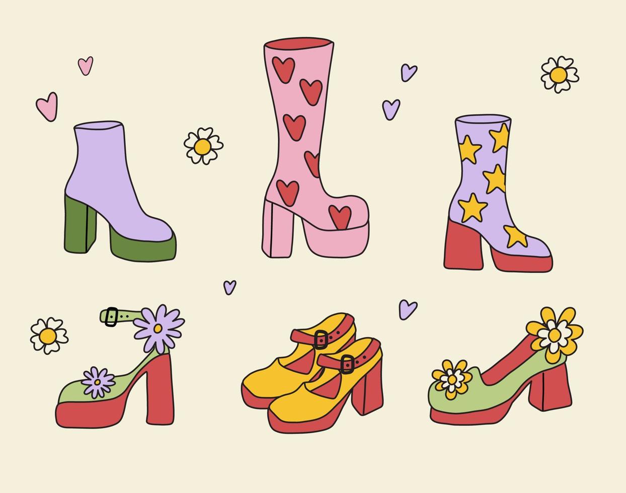 Set of retro shoes and boots with heels in hippie style. Bright crazy shoes. vector