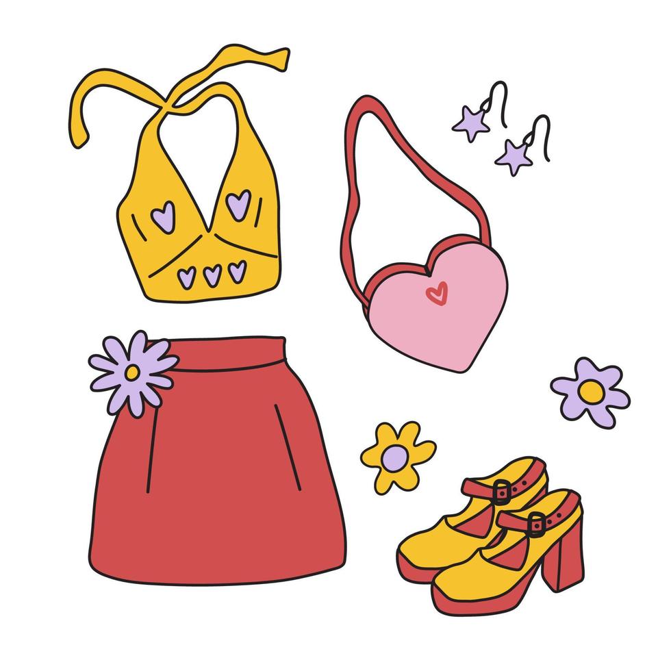 Set of clothes in retro hippie style. Classic Woodstock Sixties Subculture Clothes. vector