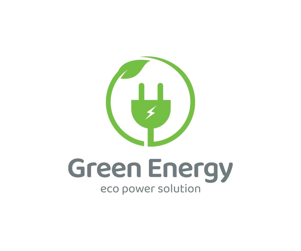 Green energy logo or icon vector design template with electric plugs and leaves.