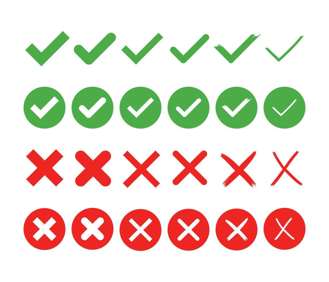 Green check mark and red cross, vector icons set