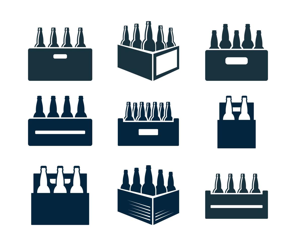 Beer box icon set. Crate with beer bottles isolated over white vector