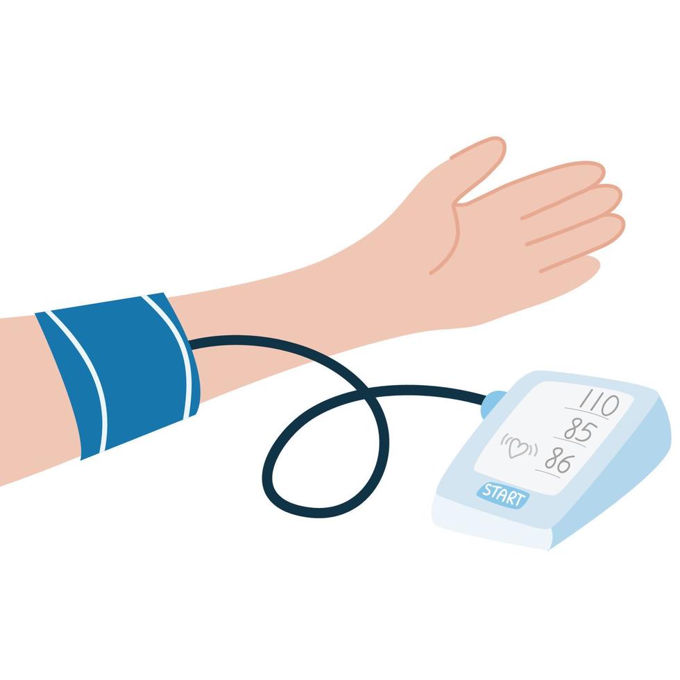 High blood pressure vector concept, blood pressure measurement. Tonometer on a hand of a person measuring blood pressure.Healty lifestyle