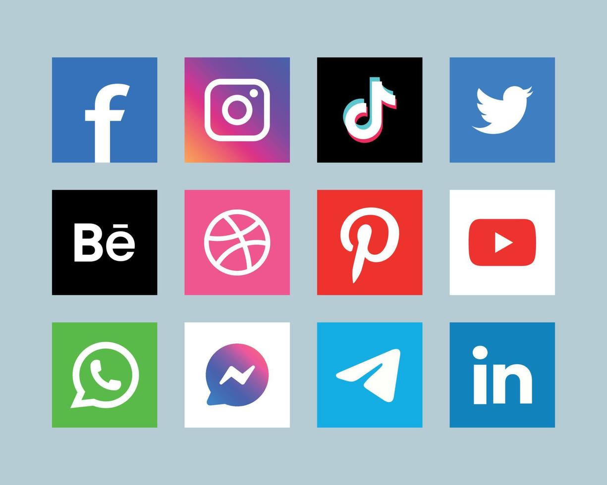 Popular social network logo icons, facebook, instagram, youtube, tiktok, pinterest and etc logo icons vector