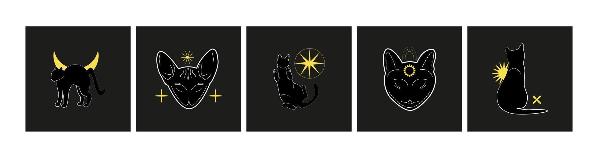 Black cats and celestial symbols. Set of magic mysterious cards, logos, prints. Flyer, banner design. Witch, esoteric, wizard. vector