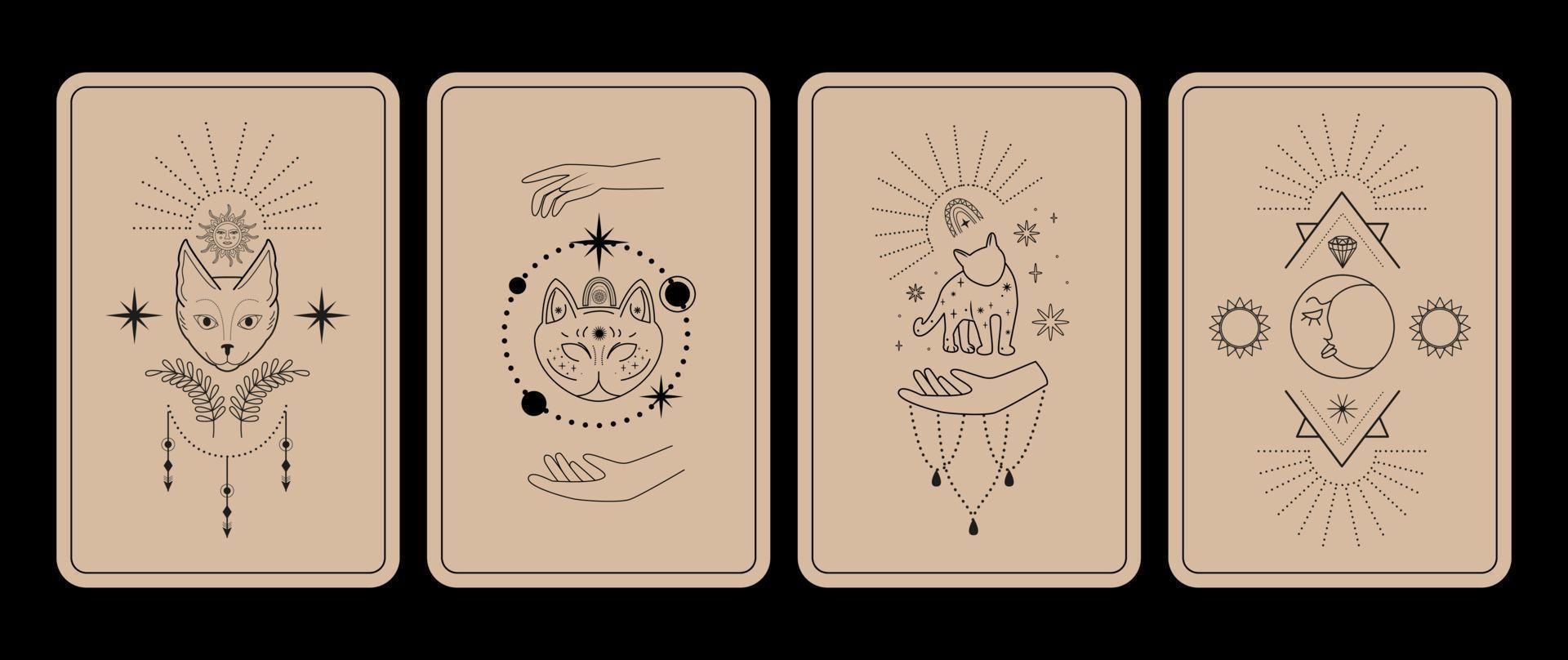 Magic witch tarot cards. Black cat, celestial symbols, hands. Mustycal esoteric symbols. Halloween. vector