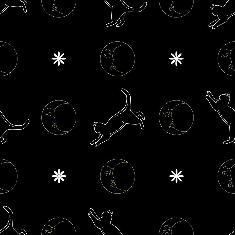 Magic black cats seamless pattern. Digital paper. Mystical concept with celestial elements. Flyer, banner, background design. Halloween. Wizard witch symbols. vector