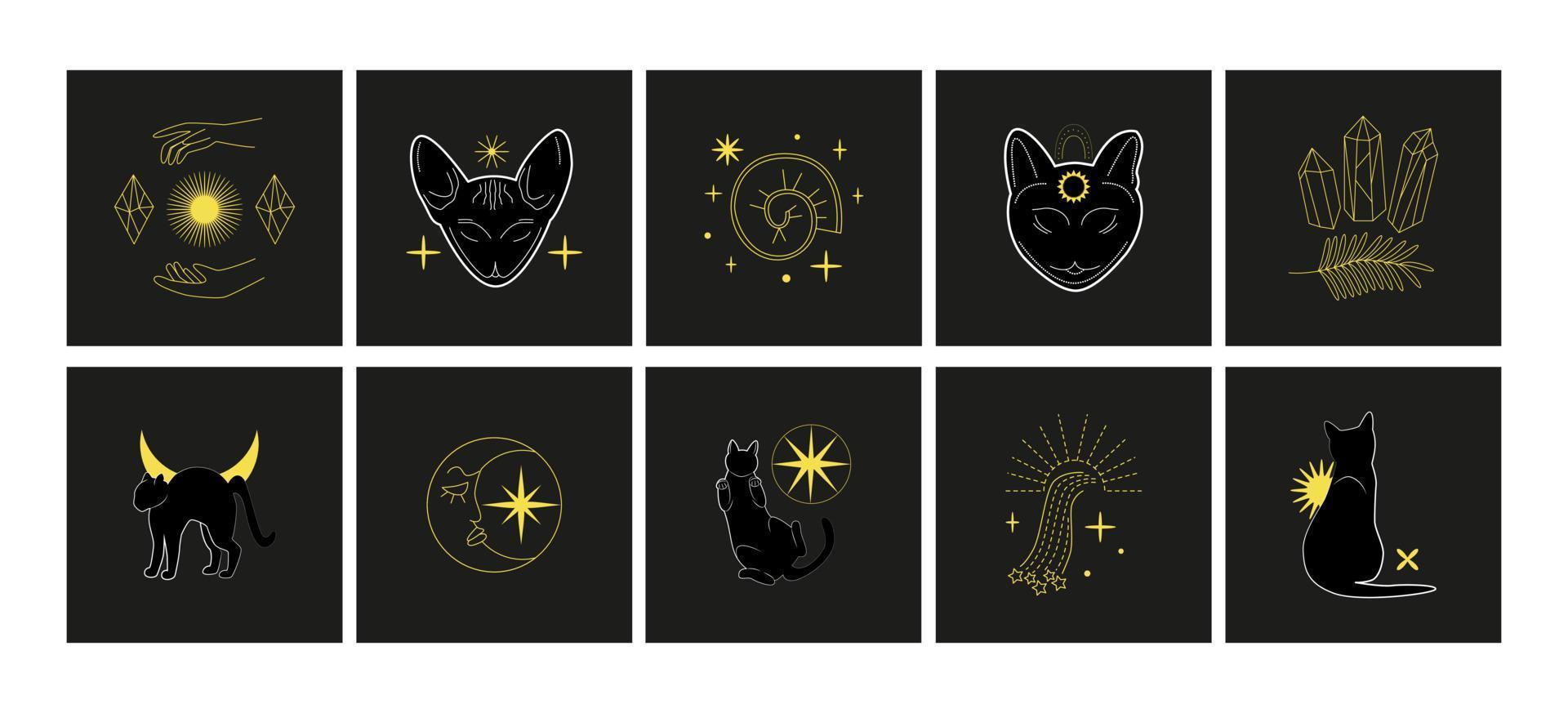 Set of magic mysterious cards, logos, prints. Black cat, hands gestures, crystals, celestial symbols. Witch, esoteric, wizard. vector