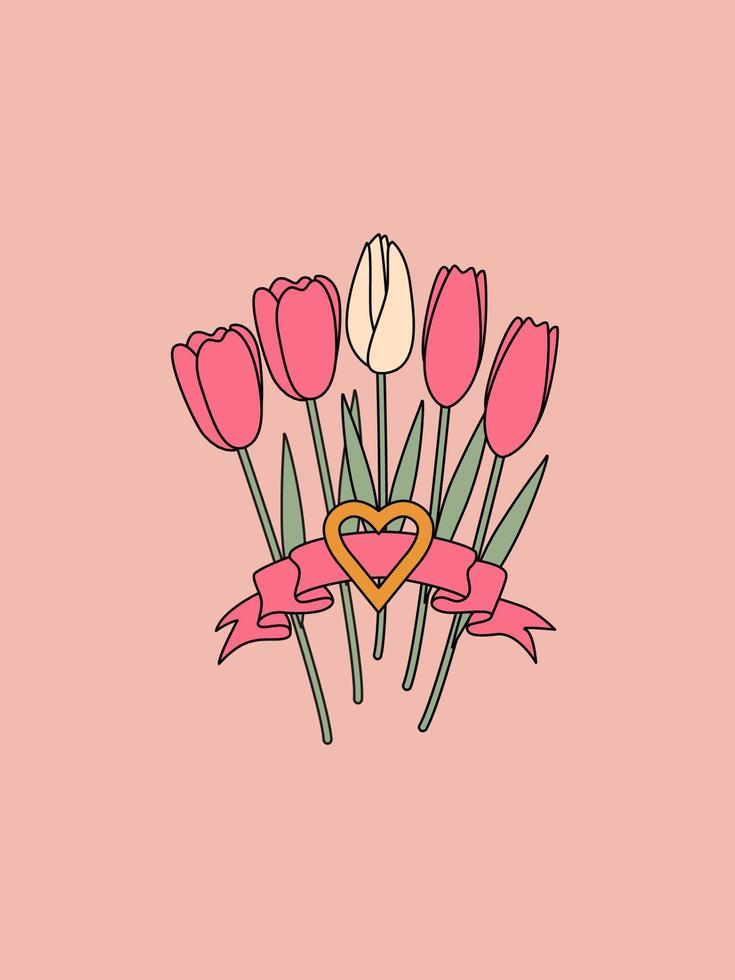 Bouquet with tulips and ribbon. Retro floral illustration. Great for stickers, cards, invitations, posters. vector