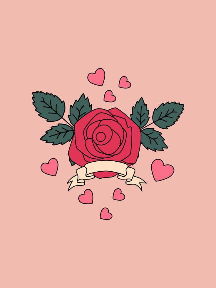 Dark pink rose with ribbon. Retro flower illustration. Template for greeting card, invitation, poster, tattoo. vector