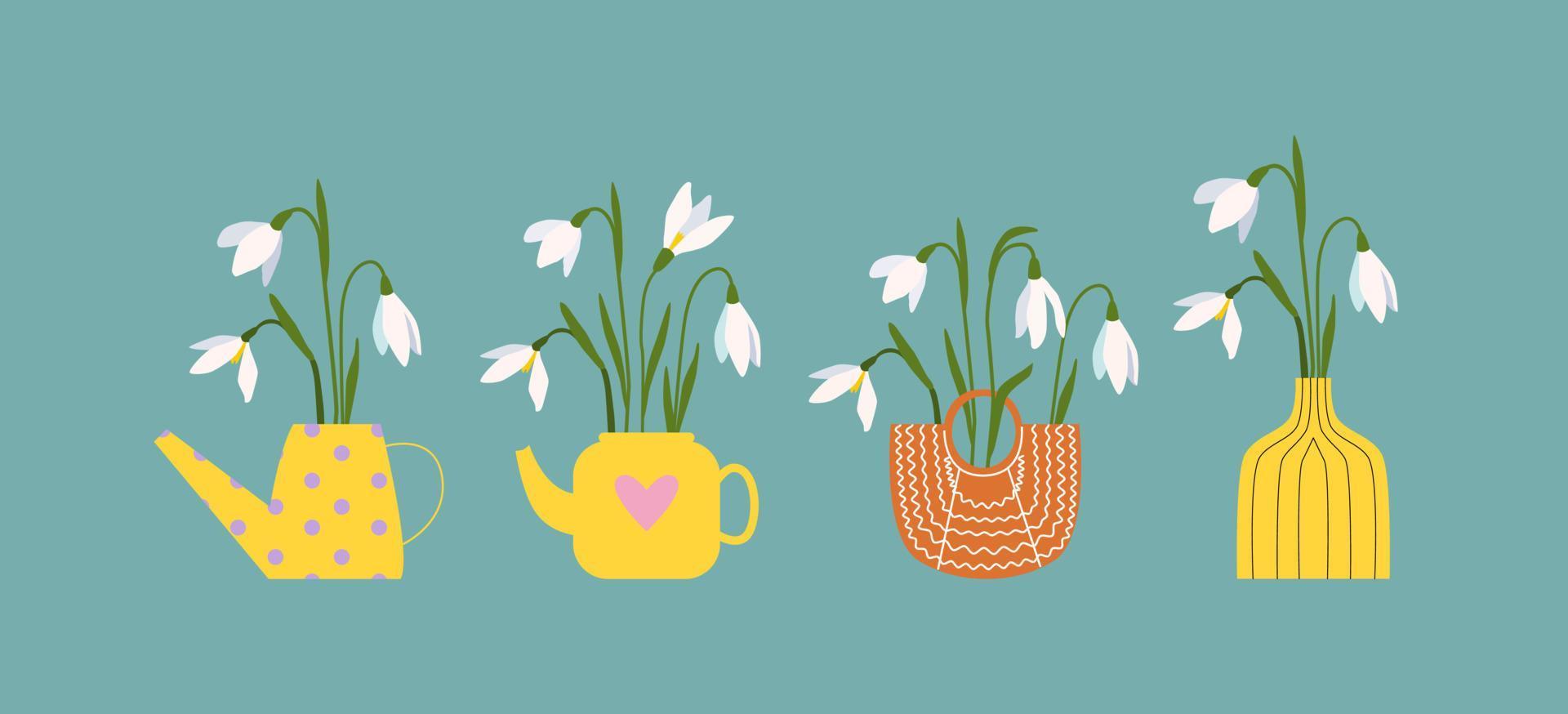 Set of bouquets of snowdrops in different stuff - watering pan, kettle, straw bag, retro bag. Early spring flowers. Blossom nature wildflowers. Vector illustration