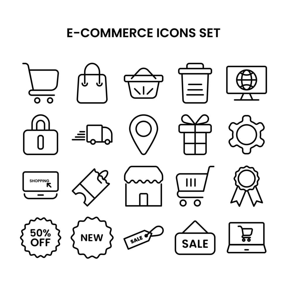 E-commerce online shopping stroke line icons set with black color, cart, online things set icons vector