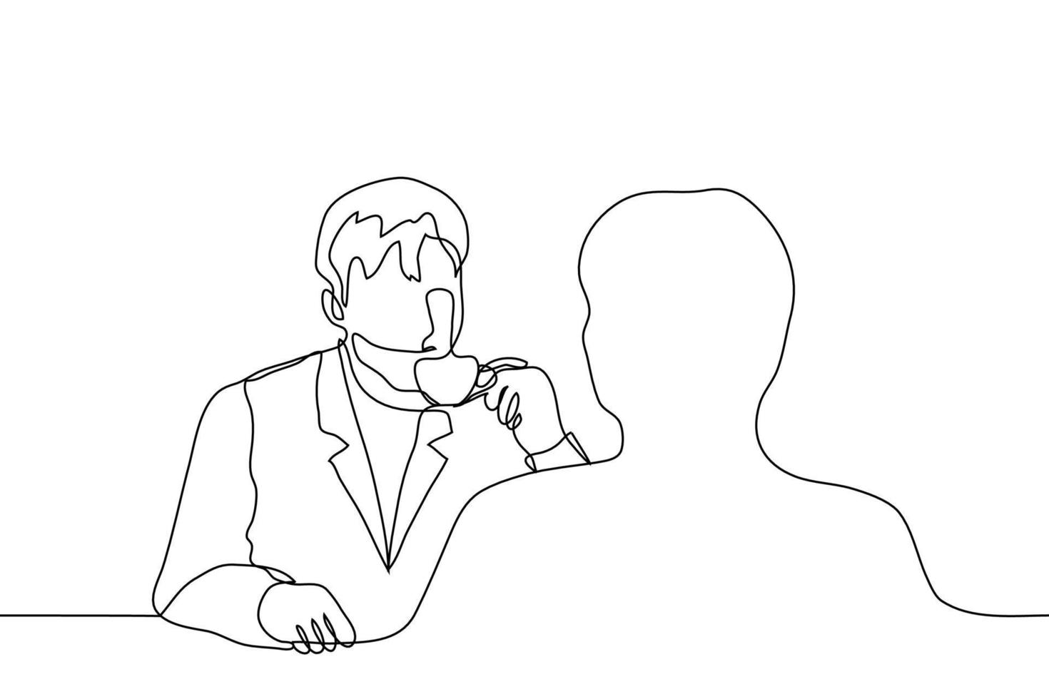 Two people are sitting at a table in an outdoor cafe and drinking tea or coffee. The silhouette of a man sitting with his back to us and the man opposite him dressed in a business suit holding a cup vector