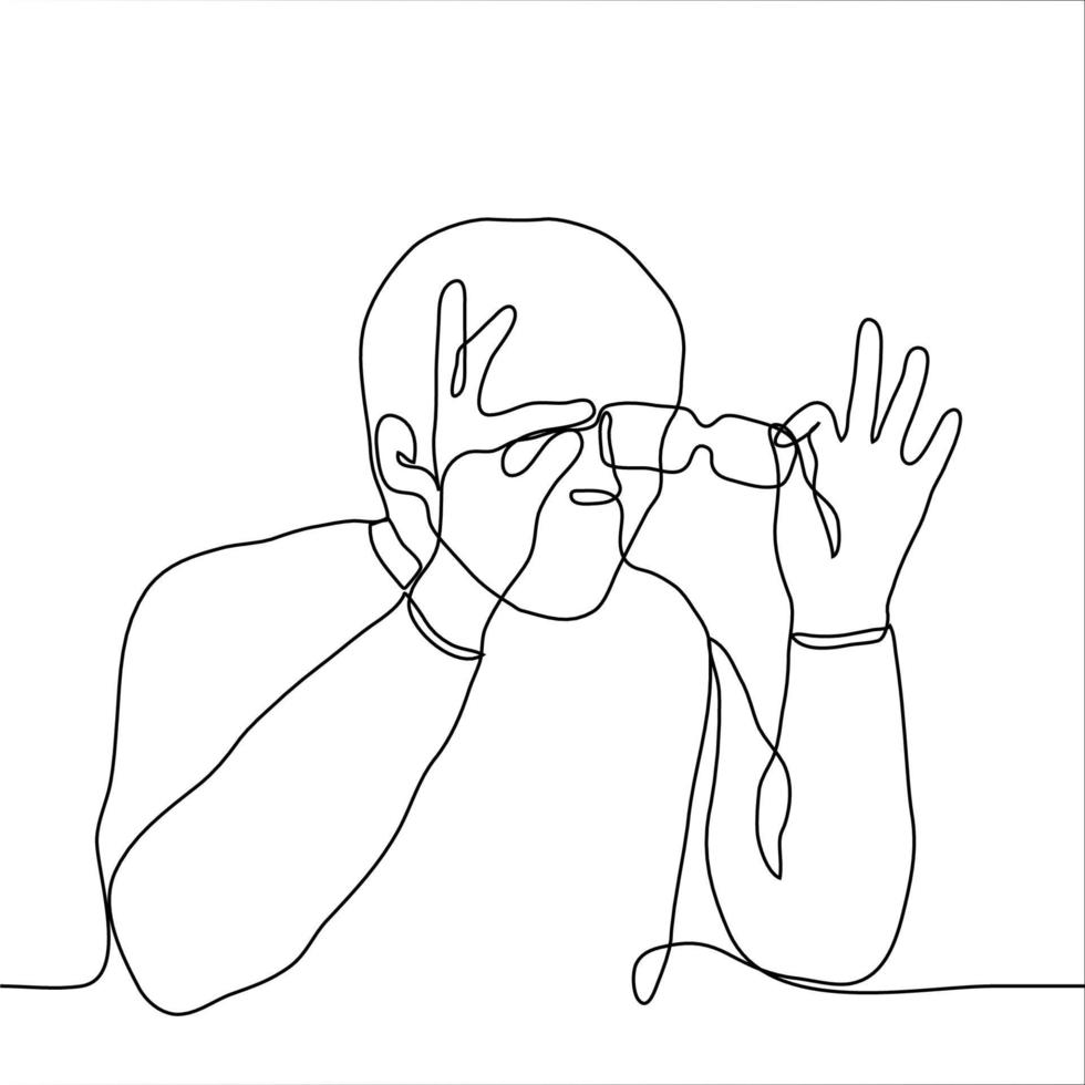 man is holding a pair of glasses that is trying to examine something. one line drawing trying to see carefully in detail vector