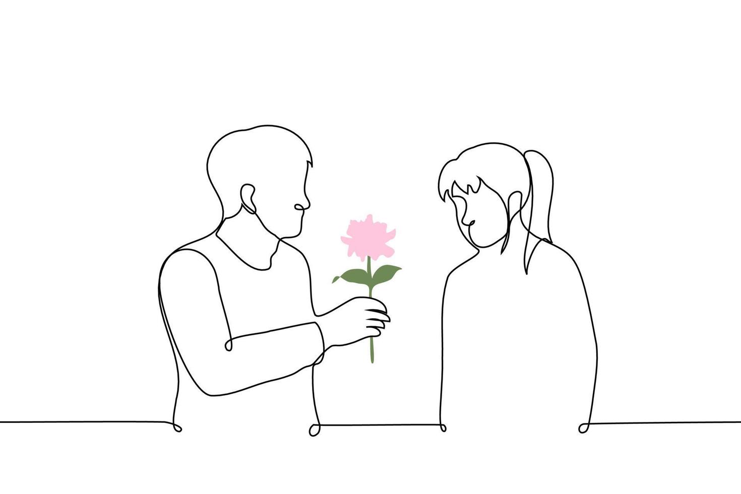 man gives flower to woman - one line drawing vector. the concept is a sign of attention, wooing a girl vector