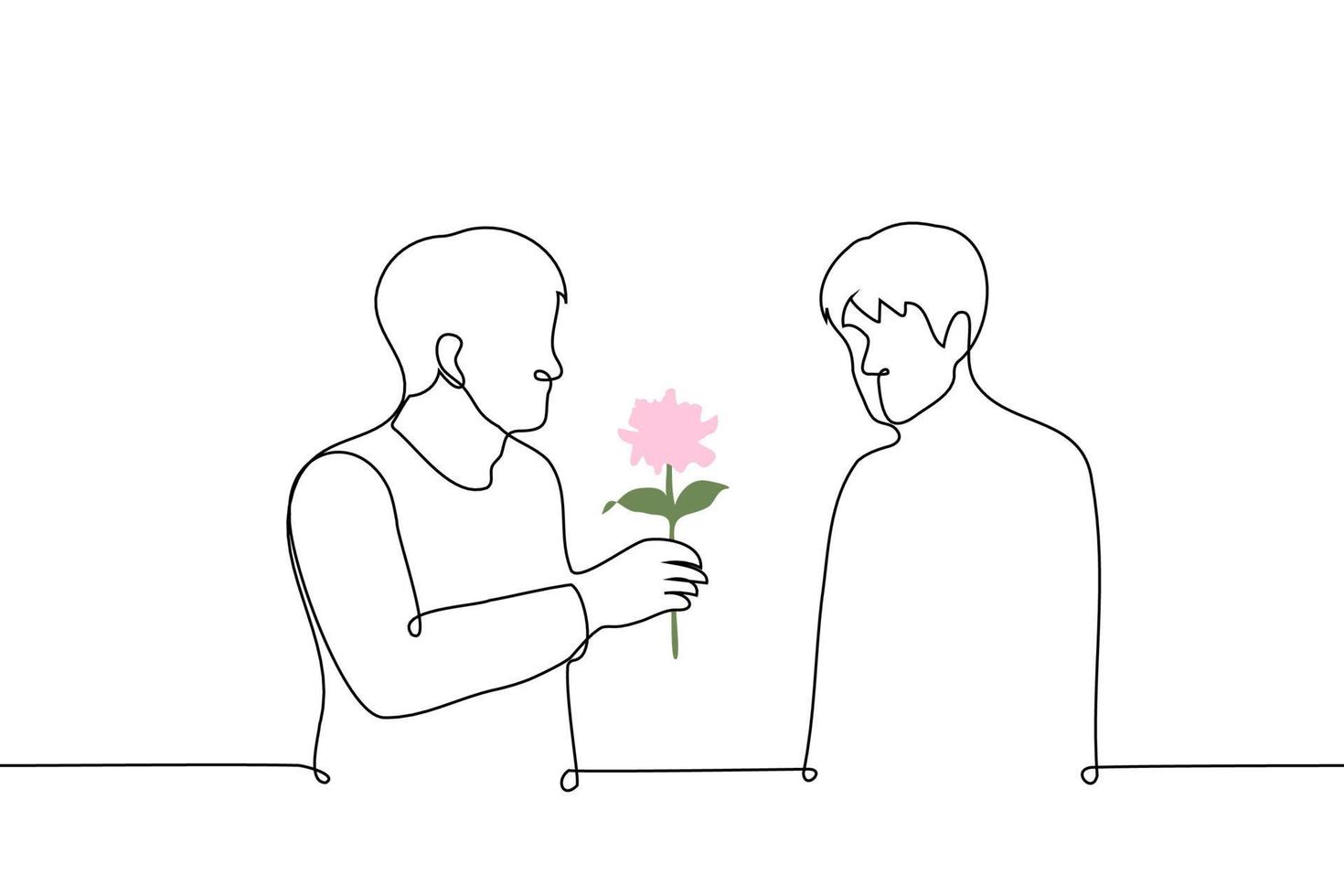 man gives a man a flower - one line drawing vector. the concept is a sign of attention, courting a guy vector