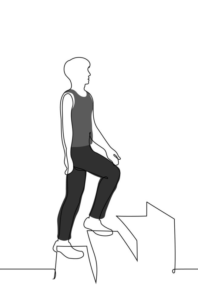 hombre en ropa de deporte y Zapatos sube escalera - uno línea dibujo vector. concepto atleta en un simulador escalera, un rueda de andar en el formar de un escalera vector