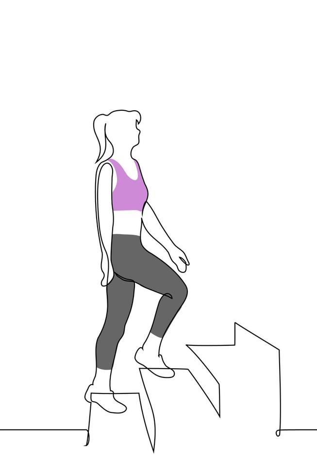 mujer en ropa de deporte y Zapatos sube escalera - uno línea dibujo vector. concepto atleta en un simulador escalera, un rueda de andar en el formar de un escalera vector