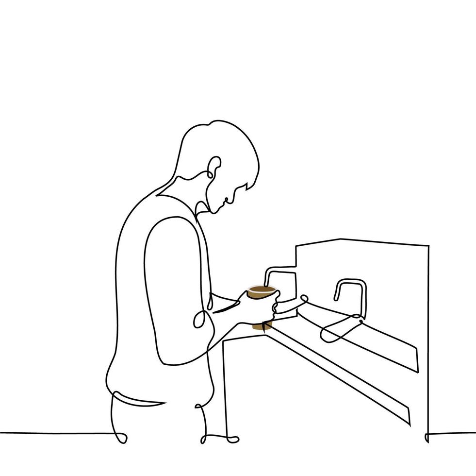 man pouring coffee from coffee machine - one line drawing vector. barista in coffee shop vector