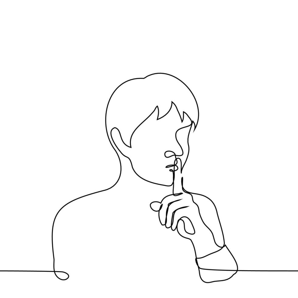 man with a bob haircut put her index finger to her closed mouth - one line drawing vector. concept of the call of silence, the vow of silence, men's silence vector