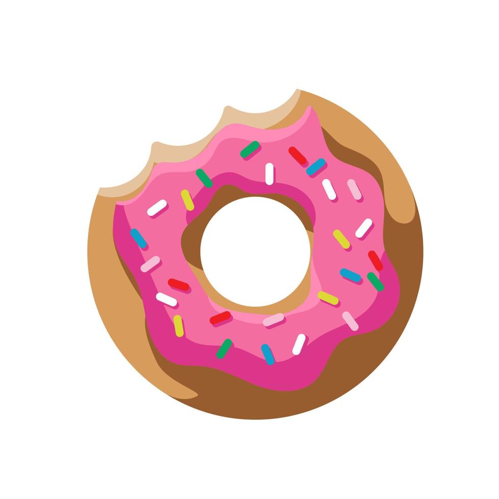 Colored bitten donut on a white background in cartoon style for printing and design. Vector illustration.