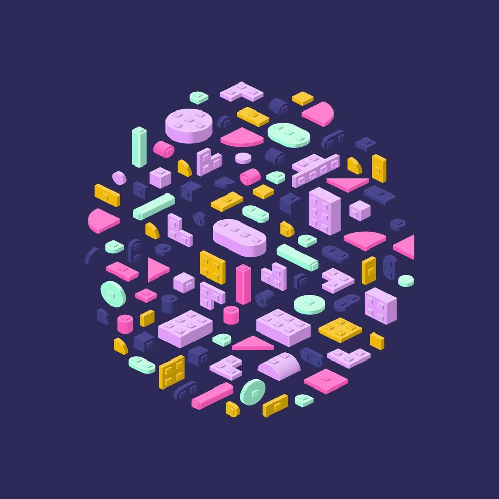 Background circle made of plastic blocks in isometric style for printing and design.Vector illustration. vector