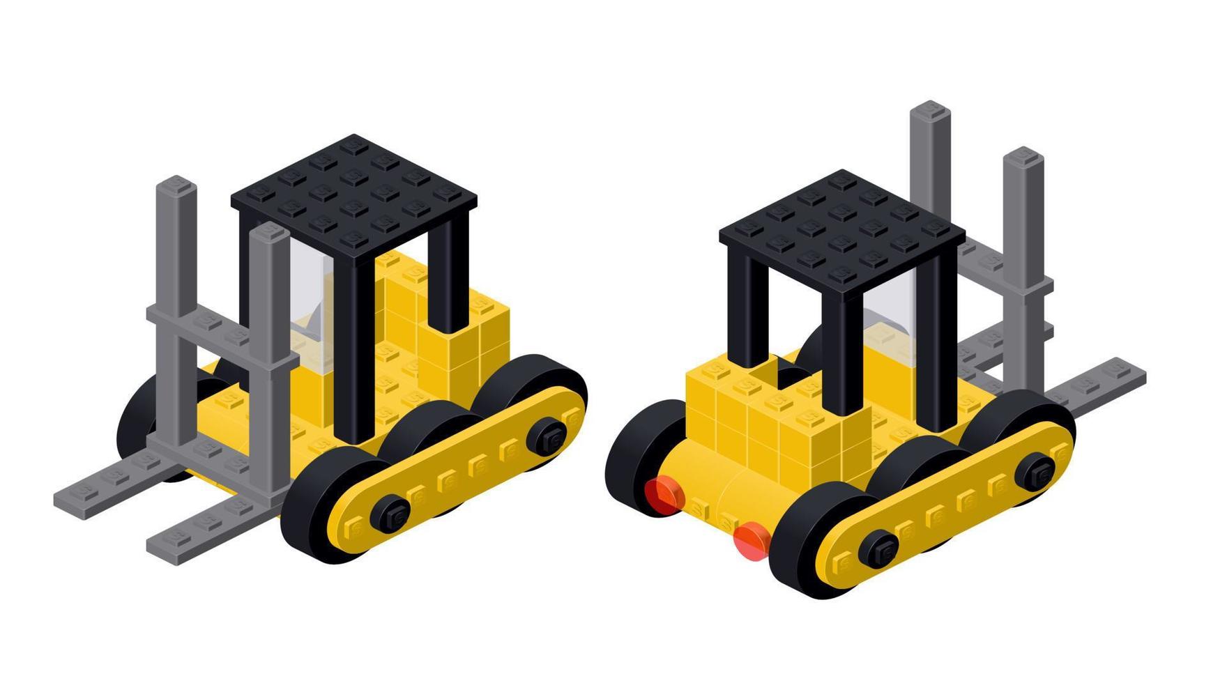 Forklifts made of plastic blocks in isometric style for print and design. Vector illustration.