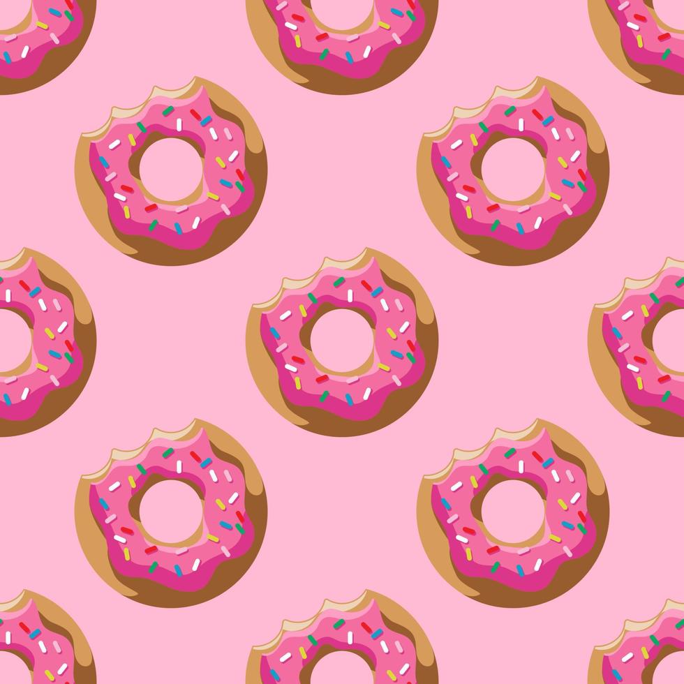 A pattern of bitten donuts on a pink background in cartoon style for print and design. Vector illustration.