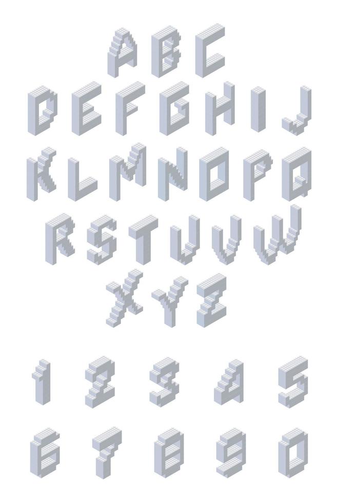 Gray alphabet in isometry with numbers. Vector clipart