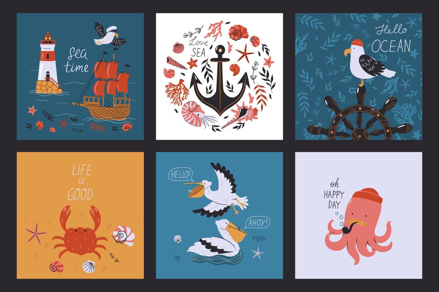 A set of six square postcards with a marine theme. Vector graphics.