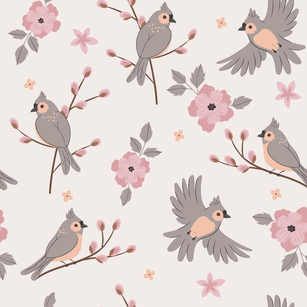 Seamless pattern with birds and pink flowers. Vector graphics.