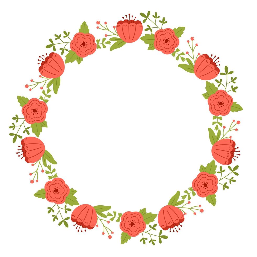 Vector wreath with leaves and pink flowers. Floral frame for celebrations. Flower round border copy space. Romantic design for greeting cards and invitations. Elegant text template with spring plants.