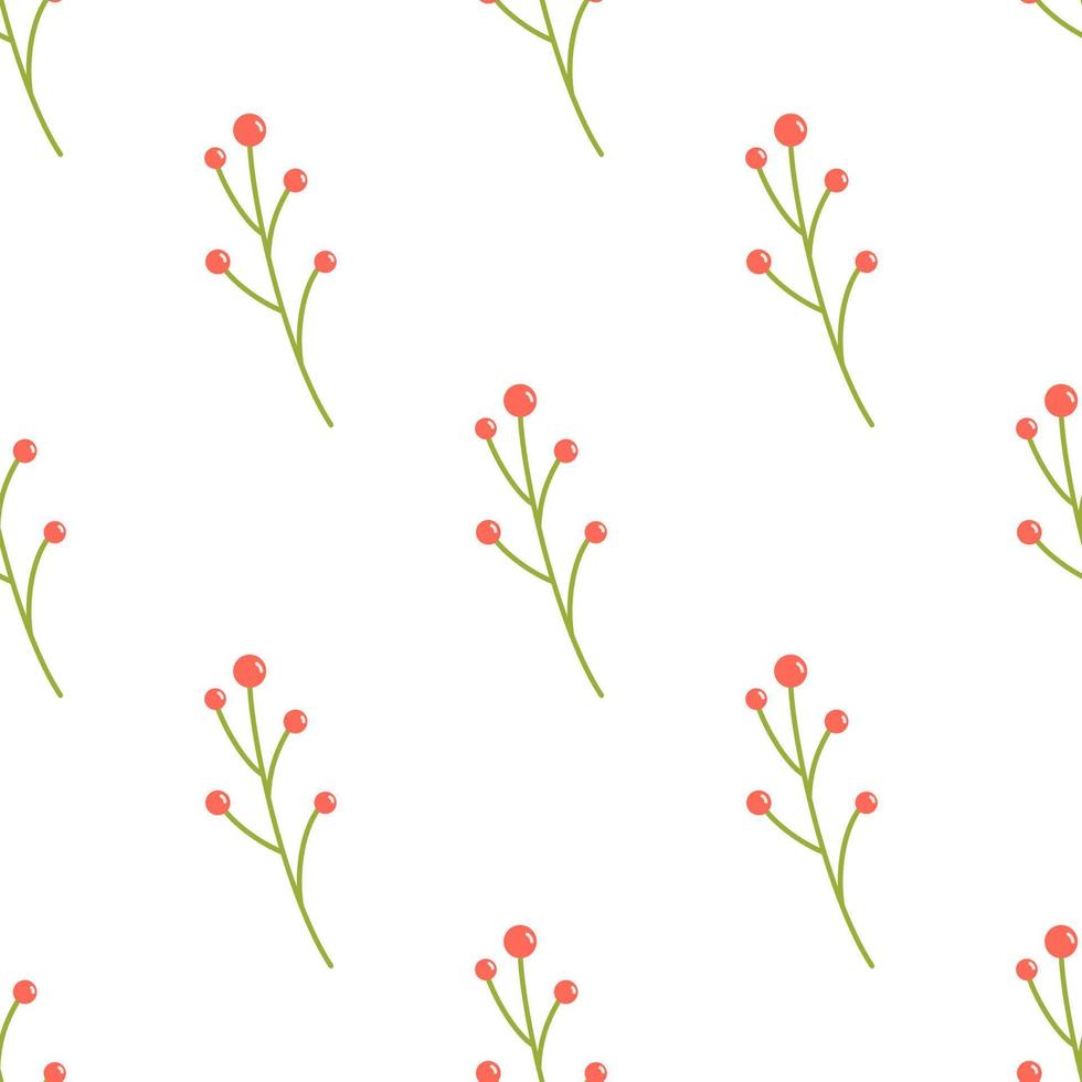 Vector floral seamless pattern with red berries. Berries on green stems on white background. Spring botanical pattern in flat design.
