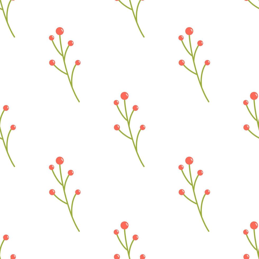 Vector floral seamless pattern with red berries. Berries on green stems on white background. Spring botanical pattern in flat design.